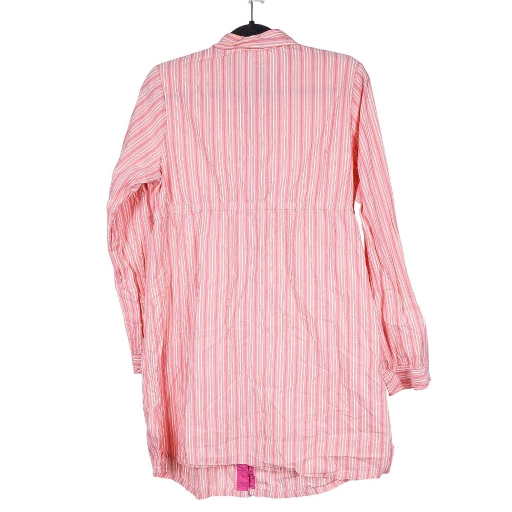 Retro Striped Dress XL Women Pink Purple Buttons Elastic Waist Tab Sleeve Cotton - Picture 6 of 6